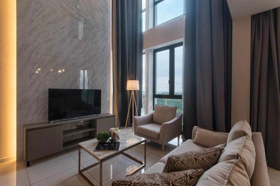 Tower 2 · Fully furnished presentation · Double-height living