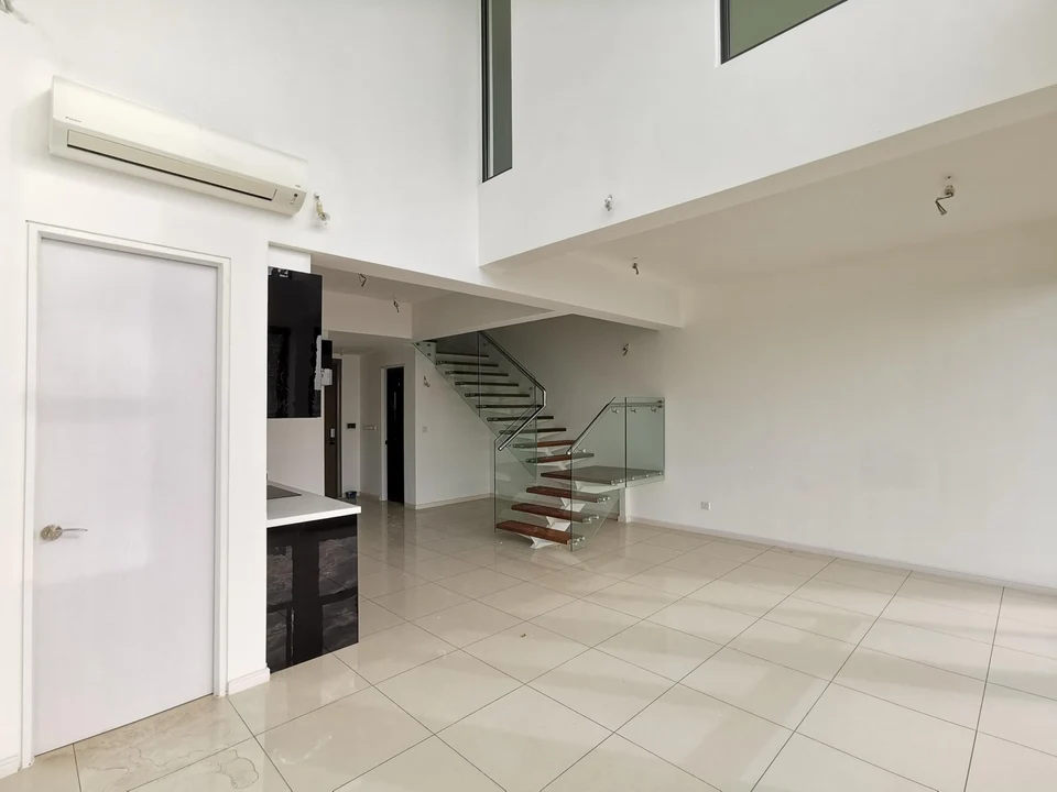 Tower 3 · Actual partially furnished interiors · Double-height space