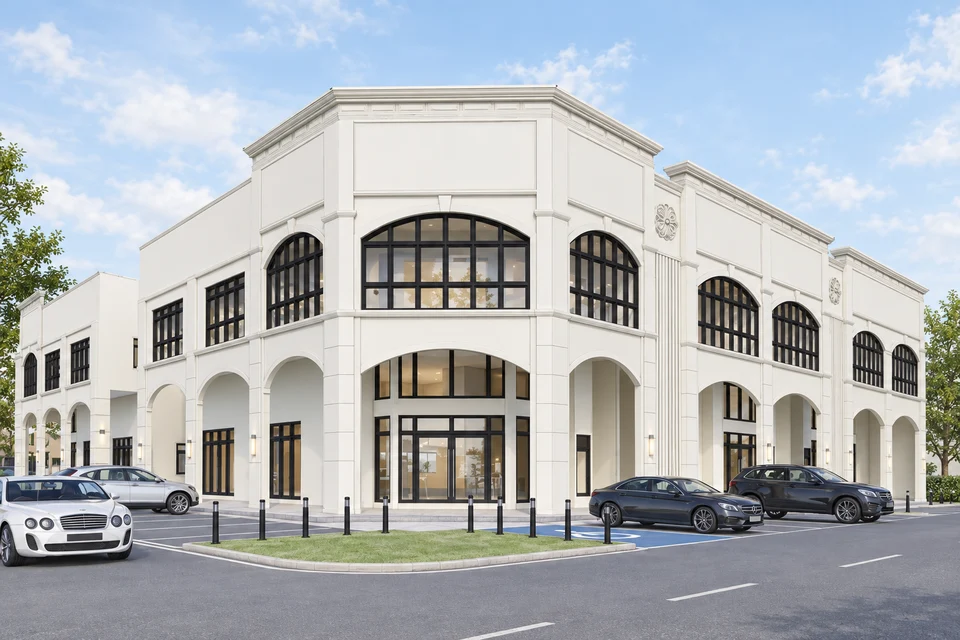 Ascent Hub corner shop-office architectural illustration